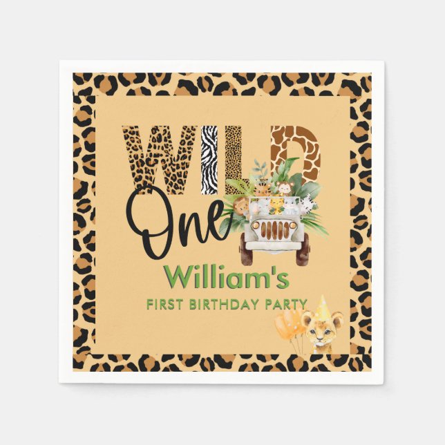 Wild One Safari Animals First Birthday Boy  Napkin (Front)