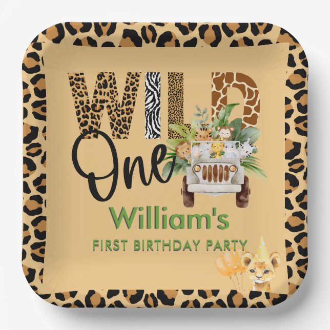 Wild One Safari Animals First Birthday Boy  Paper Plate (Front)