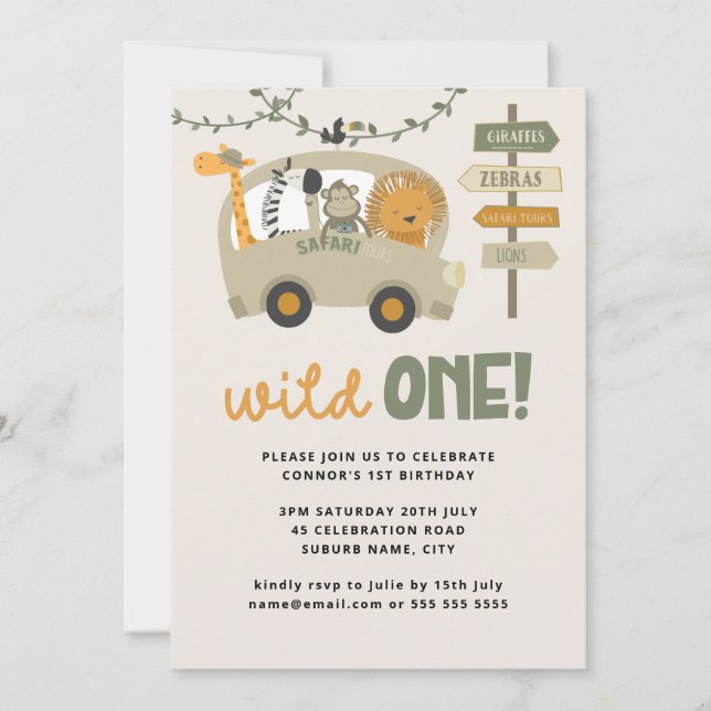 Wild One Safari Animals First Birthday Invitation (Front)
