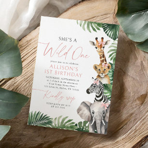 Wild One Safari Animals Girl 1st Birthday Invitation