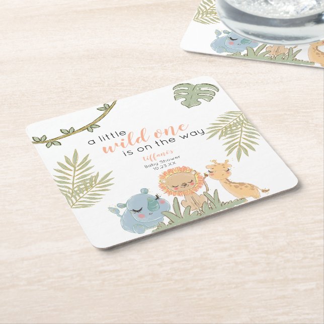 Wild One Safari Animals Girl Baby Shower Square Paper Coaster (Angled)