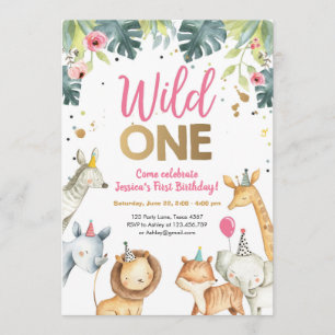 Wild One Safari Animals Girl Birthday Invitation