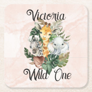 Wild One Safari Animals Girls First Birthday Square Paper Coaster