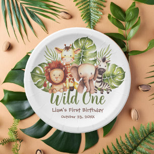 Wild One Safari Animals Greenery First Birthday Paper Plate