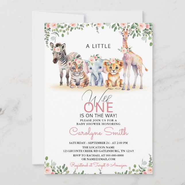 Wild One Safari Animals Greenery Girl Baby Shower Invitation (Front)