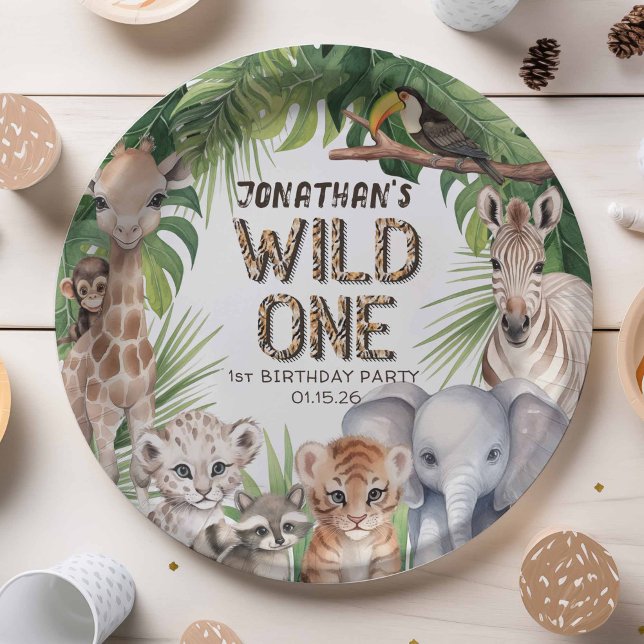 Wild one Safari animals jungle boy 1st birthday  Paper Plate (WIld one)