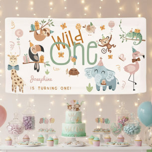 Wild one safari animals kids birthday party banner