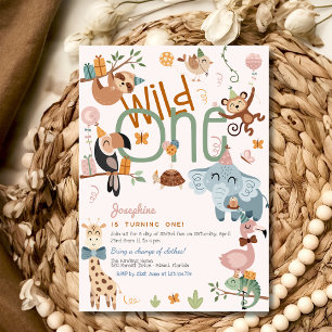Wild one safari animals kids birthday party invitation