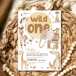Wild one safari animals kids birthday party invitation