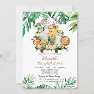 Wild One Safari Animals,Leaves 1st Birthday  Invitation