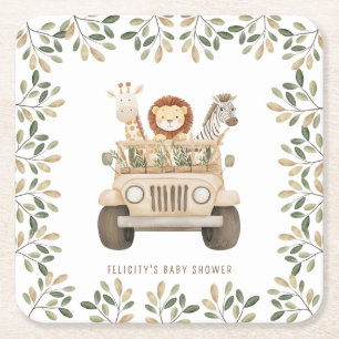 Wild One Safari Animals Neutral Baby Shower Square Paper Coaster