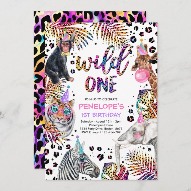 Wild One Safari Animals Rainbow Cheetah Birthday Invitation (Front/Back)