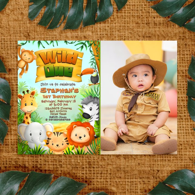 Wild One - Safari Animals with Photo Invitation (Wild One - Safari Animals with Photo Picture Landscape Invitation)