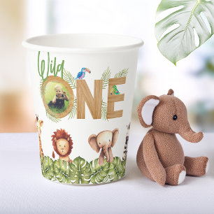 Wild One Safari Animals Wood Photo First Birthday Paper Cups