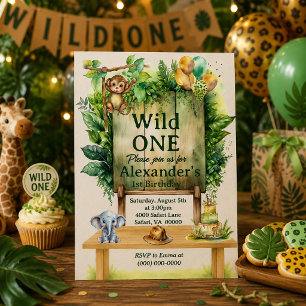 Wild ONE Safari Birthday Greenery Jungle Animals Invitation