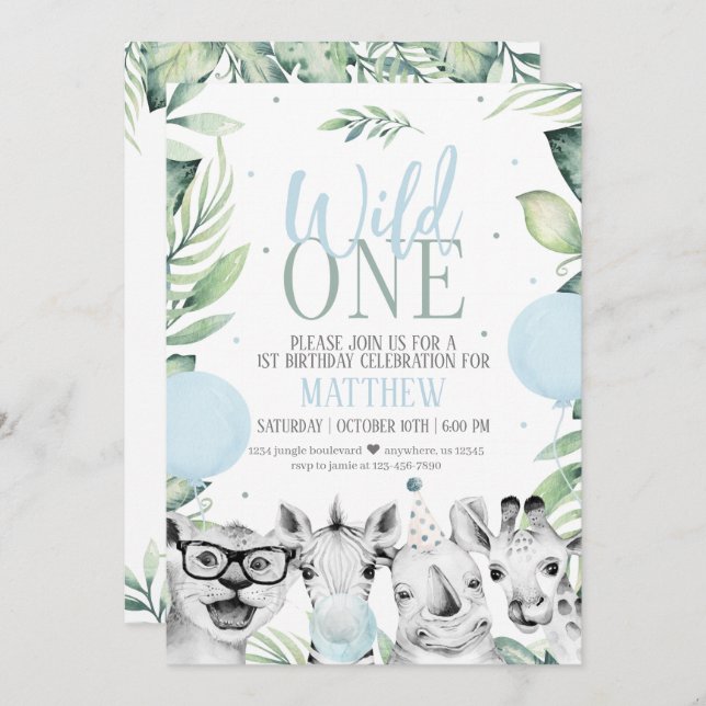 Wild One Safari Birthday Invitation for a Boy (Front/Back)