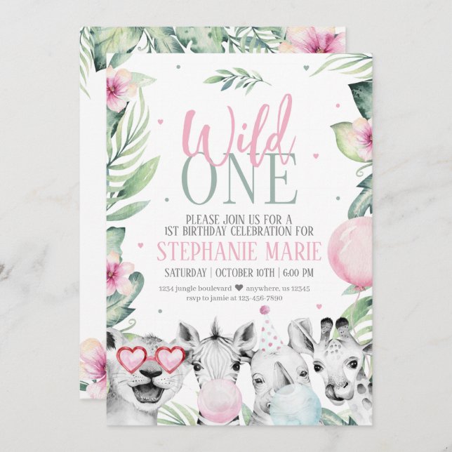 Wild One Safari Birthday Invitation for Girl (Front/Back)