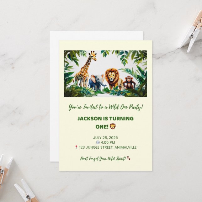 Wild One Safari Birthday Invite – Boy (Front/Back In Situ)