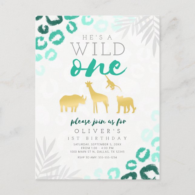 Wild One Safari Blue and Gold Leopard 1st Birthday Postcard (Front)