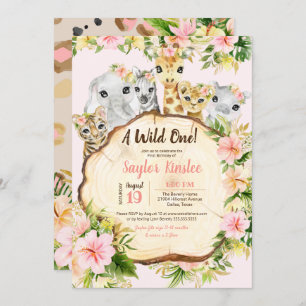 Wild One Safari Cute Animals Girl First Birthday Invitation