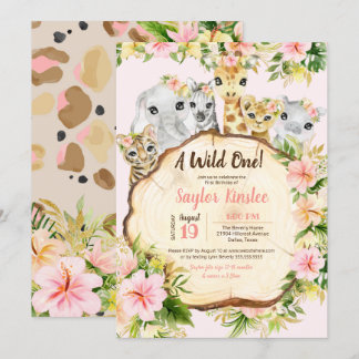 Wild One Safari Cute Animals Girl First Birthday Invitation