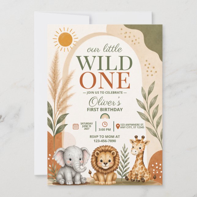 Wild One Safari First Birthday Invitation (Front)