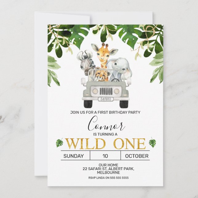 Wild One Safari First Birthday Invitation (Front)