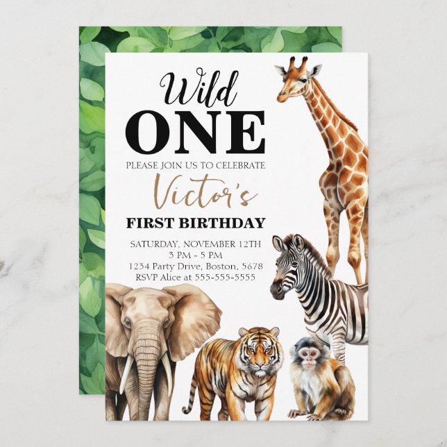 Wild One Safari First Birthday Invitation (Front/Back)