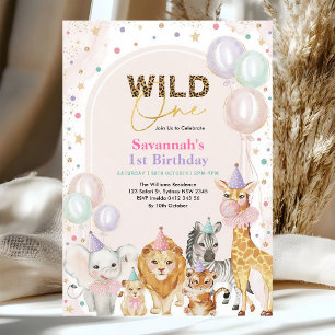 Wild One Safari Girl 1st Birthday Pink Gold Invitation