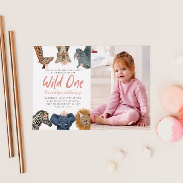 Wild One Safari Girl's First Birthday Party Photo Invitation (Creator Uploaded)