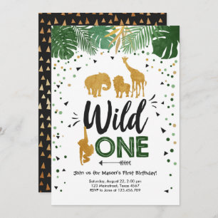 Wild One Safari Gold Boy Animals Birthday Party Invitation