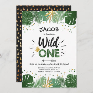 Wild One Safari Gold Boy Animals Birthday Party Invitation
