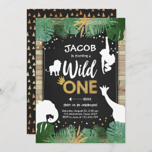 Wild One Safari Gold Boy Animals Birthday Party Invitation