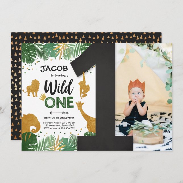 Wild One Safari Gold Boy Animals Birthday Party Invitation (Front/Back)