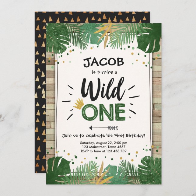 Wild One Safari Gold Boy Animals Birthday Party Invitation (Front/Back)