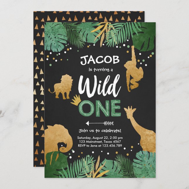 Wild One Safari Gold Boy Animals Birthday Party Invitation (Front/Back)