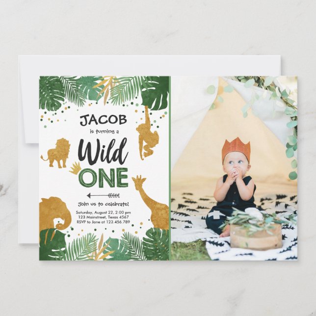 Wild One Safari Gold Boy Animals Birthday Party Invitation (Front)