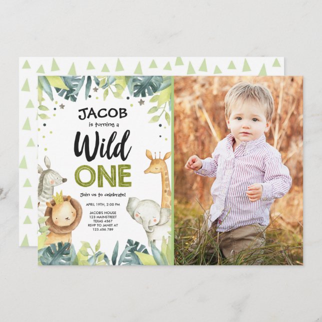Wild One Safari Gold Boy Green Animals Birthday Invitation (Front/Back)