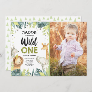 Wild One Safari Gold Boy Green Animals Birthday Invitation