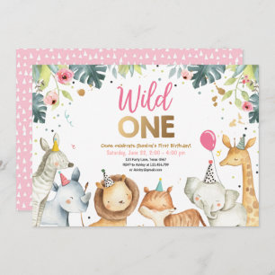 Wild One Safari Gold Girl Animals Birthday Party Invitation