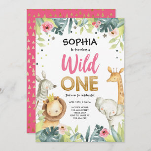 Wild One Safari Gold Girl Pink Animals Birthday Invitation