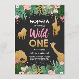 Wild One Safari Gold Girl Pink Animals Birthday Invitation
