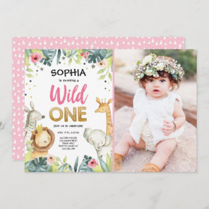 Wild One Safari Gold Girl Pink Animals Birthday Invitation