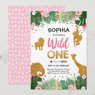 Wild One Safari Gold Girl Pink Animals Birthday Invitation