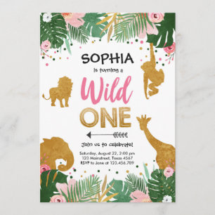 Wild One Safari Gold Girl Pink Animals Birthday Invitation