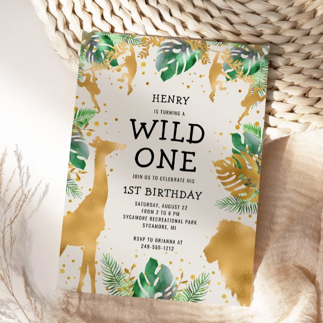 Wild One Safari Green Gold Ecru 1st Birthday Invitation (Creator Uploaded)