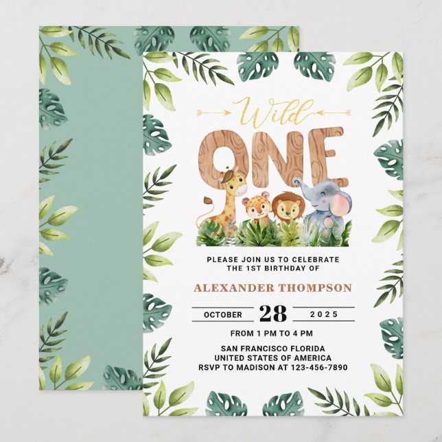 Wild One Safari Greenery Jungle 1st Birthday Party Invitation (Front/Back)