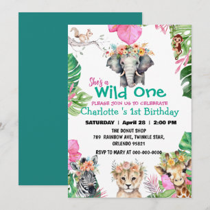 Wild One Safari jungle 1st Animals Birthday girls Invitation