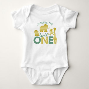Wild One Safari Jungle 1st Birthday Gold Green Baby Bodysuit