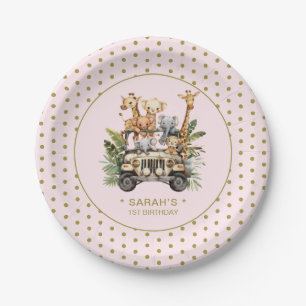 Wild One Safari Jungle 1st First Birthday Pink Paper Plate